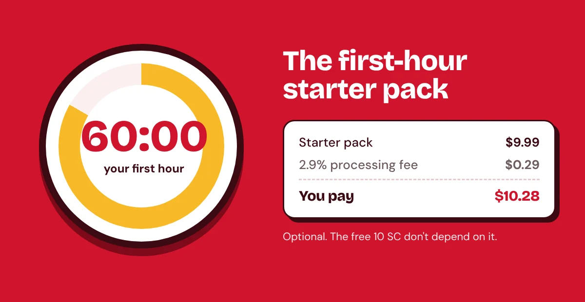 Rolla Casino 60-minute first purchase window: $9.99 starter pack plus 2.9% processing fee